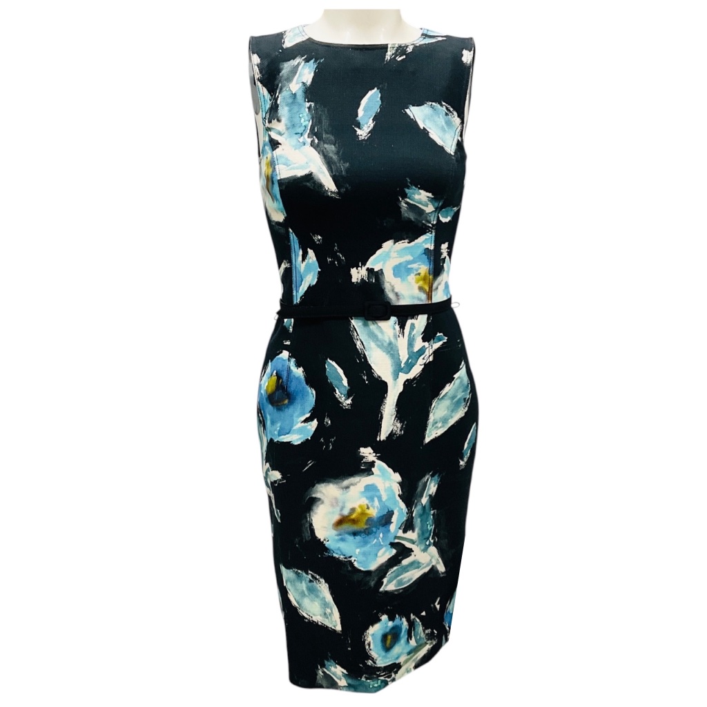 Oscar De La Renta Black / Light Blue Multi Painted Poppies Printed Silk Canvas D
